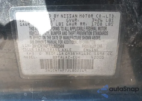 2018 Nissan Versa 1.6 S+ z USA, uszkodzony, nr VIN 3N1CN7AP7JL802569